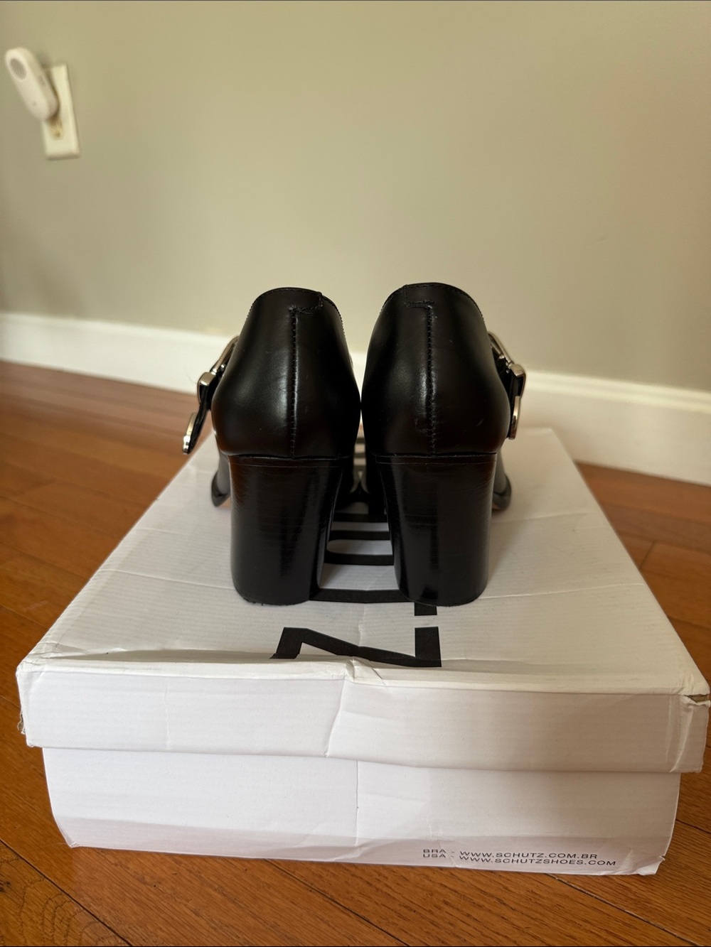 SCHUTZ Jeane Black Leather Pointed Mary Jane Pumps with Silver Buckle - Picture 4 of 6